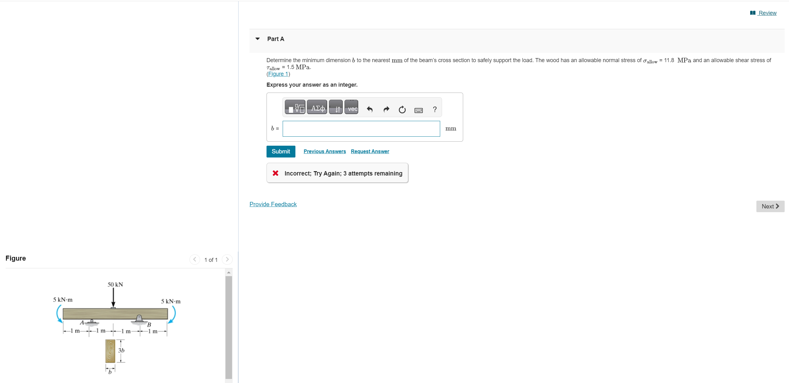 Part A Determine the minimum dimension b to the