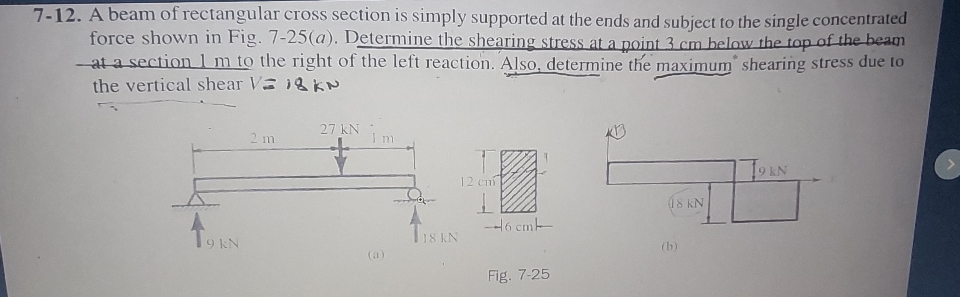 7 - 1 2 . A beam of rectangular cross section is