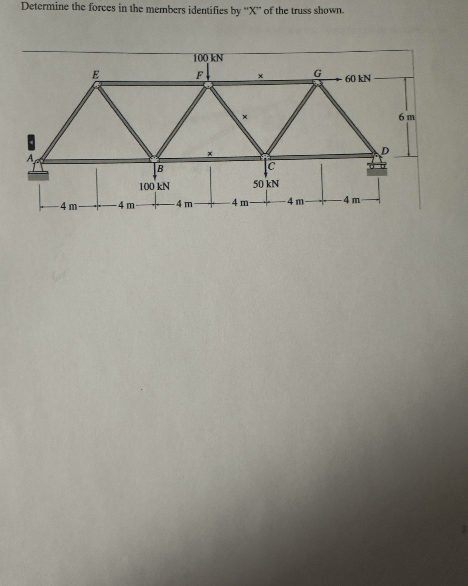 Determine the forces in the members identifies by