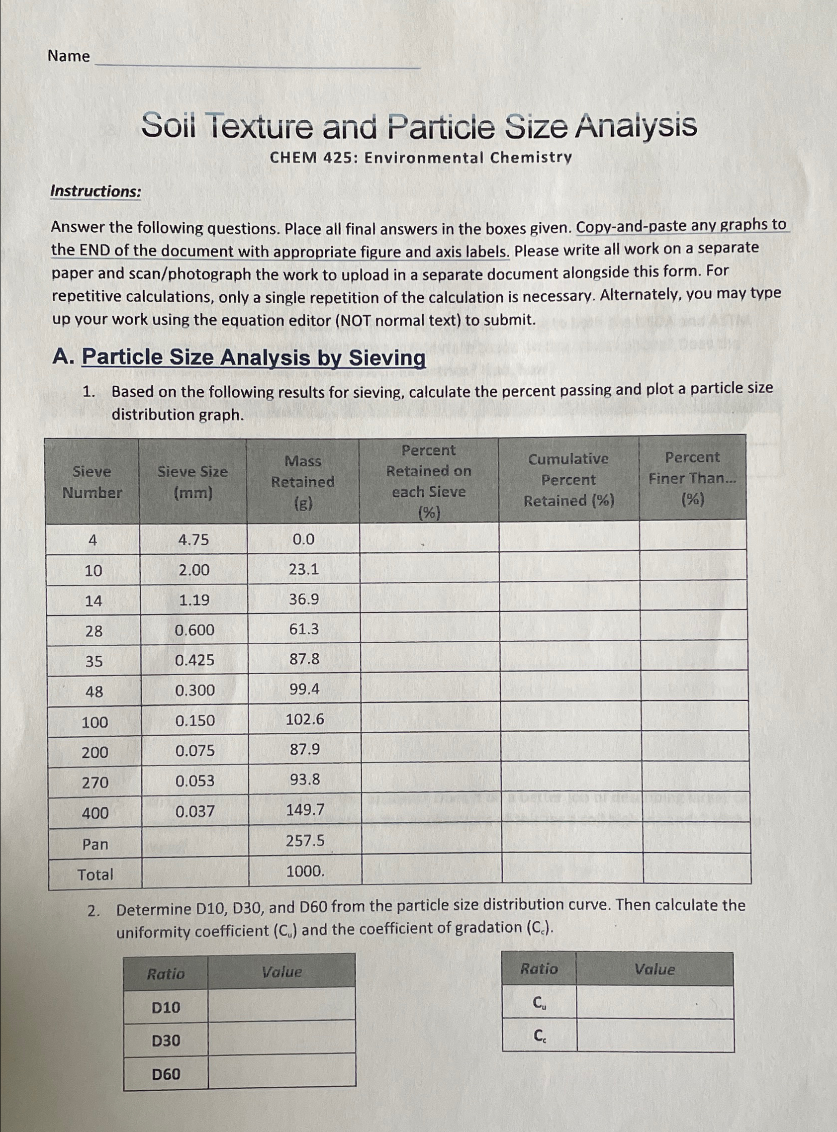 Name Soil Texture and Particle Size Analysis CHEM