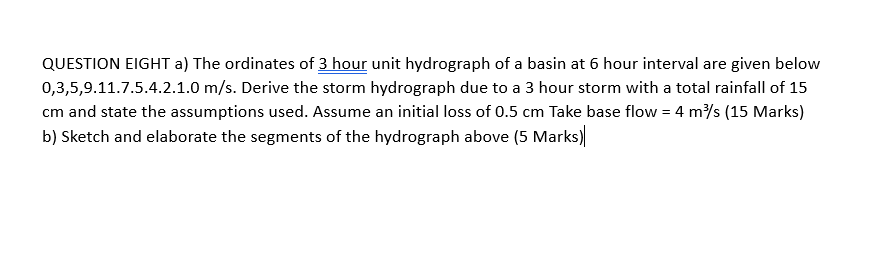 QUESTION EIGHT a ) The ordinates of 3 hour unit