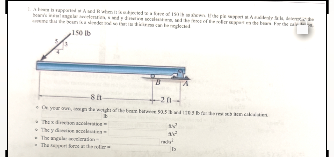 1 . A beam is supported at A and B when it is