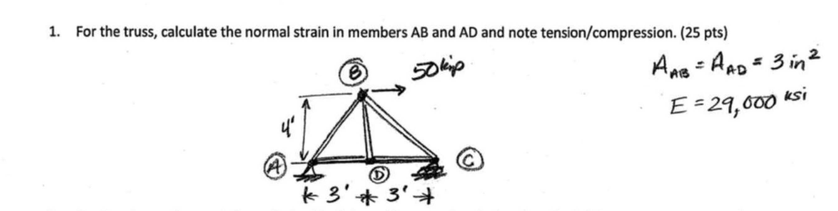 For the truss, calculate the normal strain in