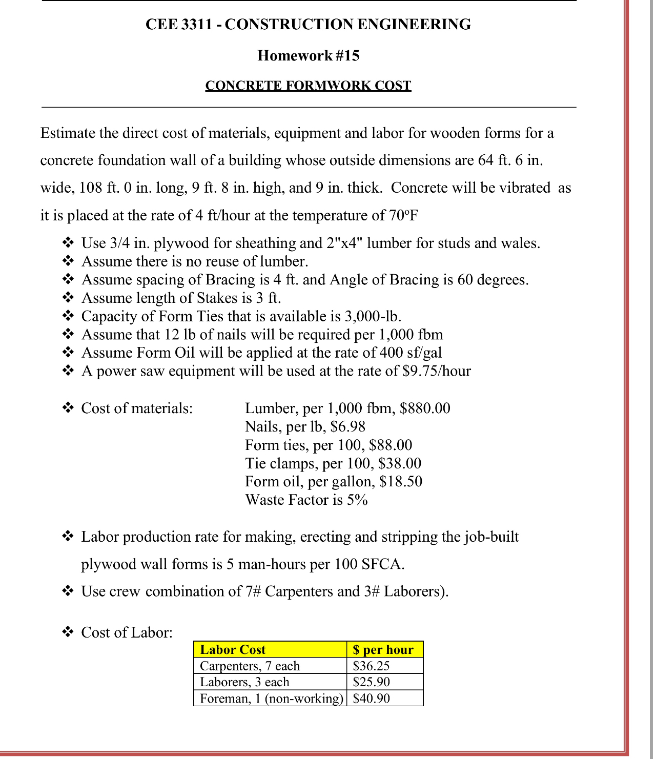 Homework # 1 5 CONCRETE FORMWORK COST Estimate