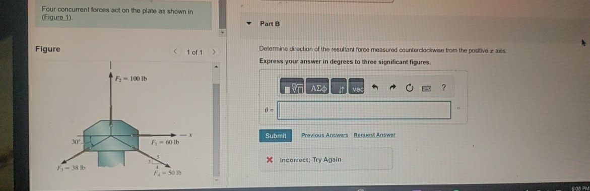 Four concurrent forces act on the plate as shown