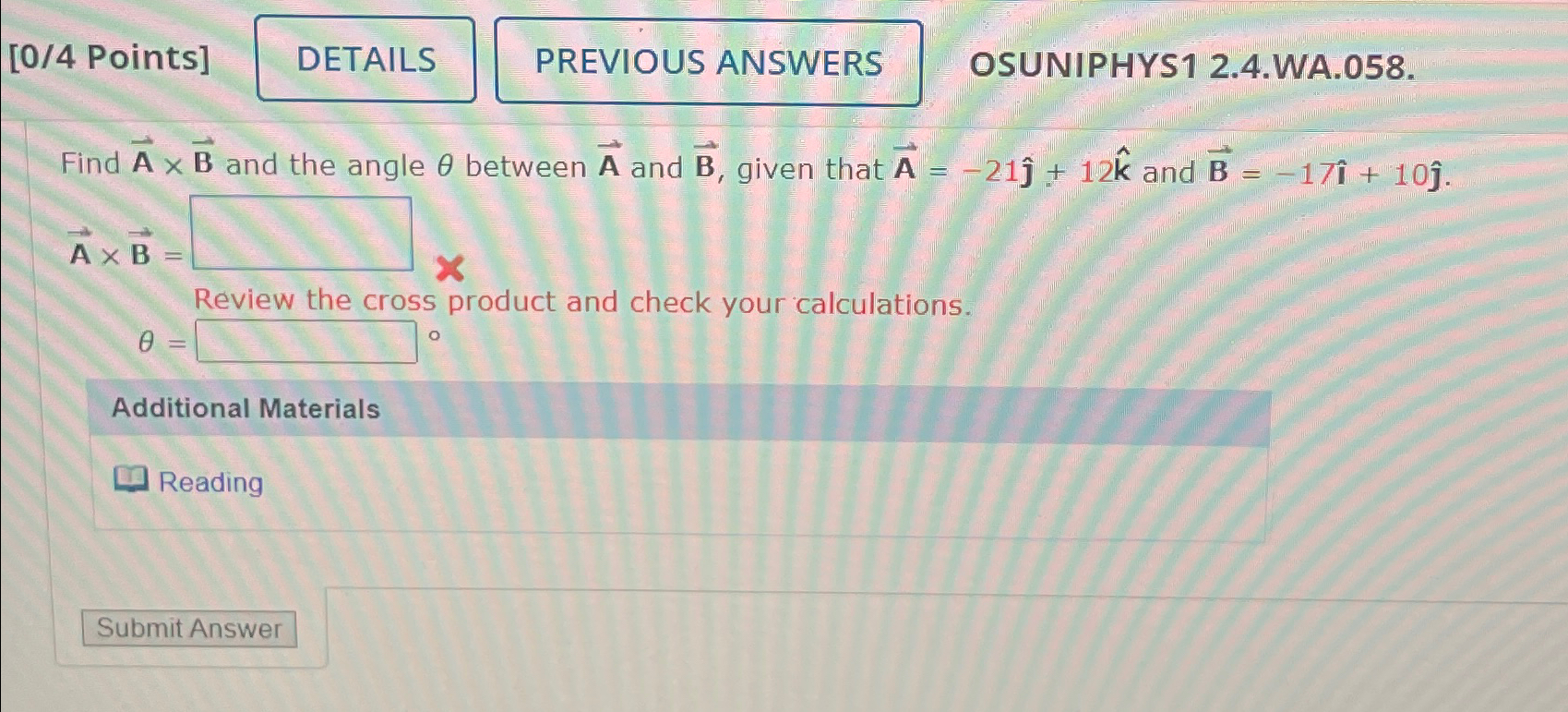 [ 0 / 4 Points ] PREVIOUS ANSWERS OSUNIPHYS 1 2 .
