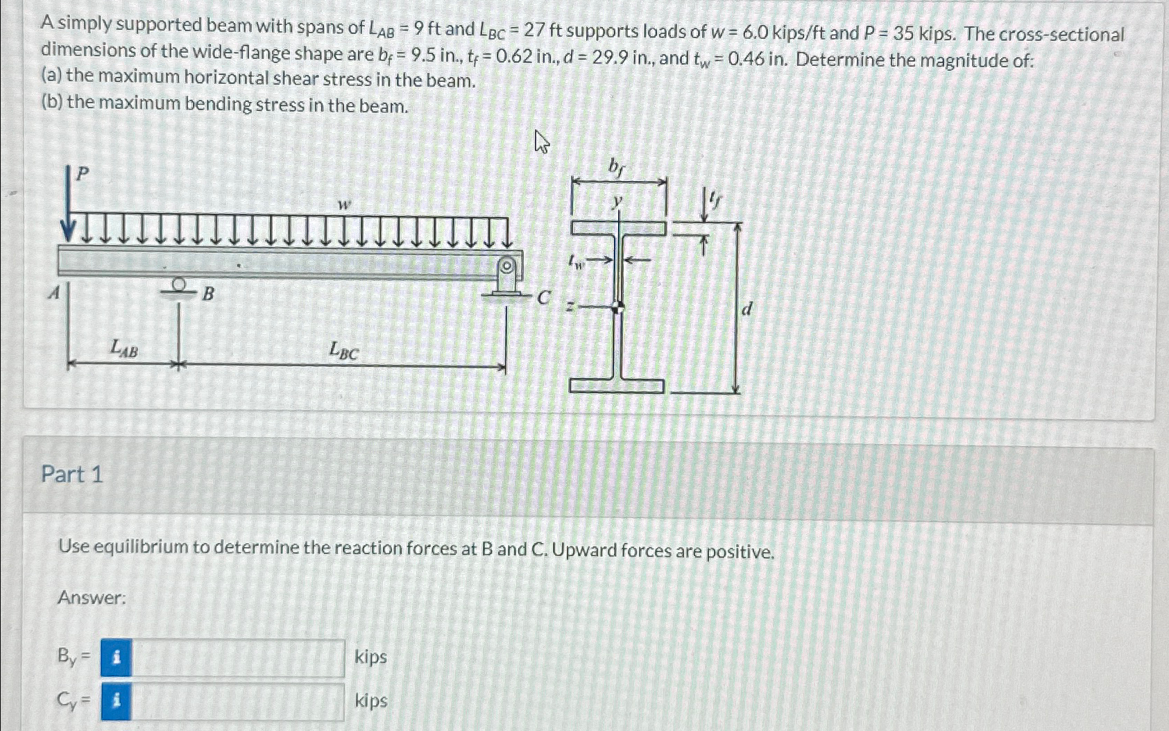 A simply supported beam with spans of L A B = 9 f