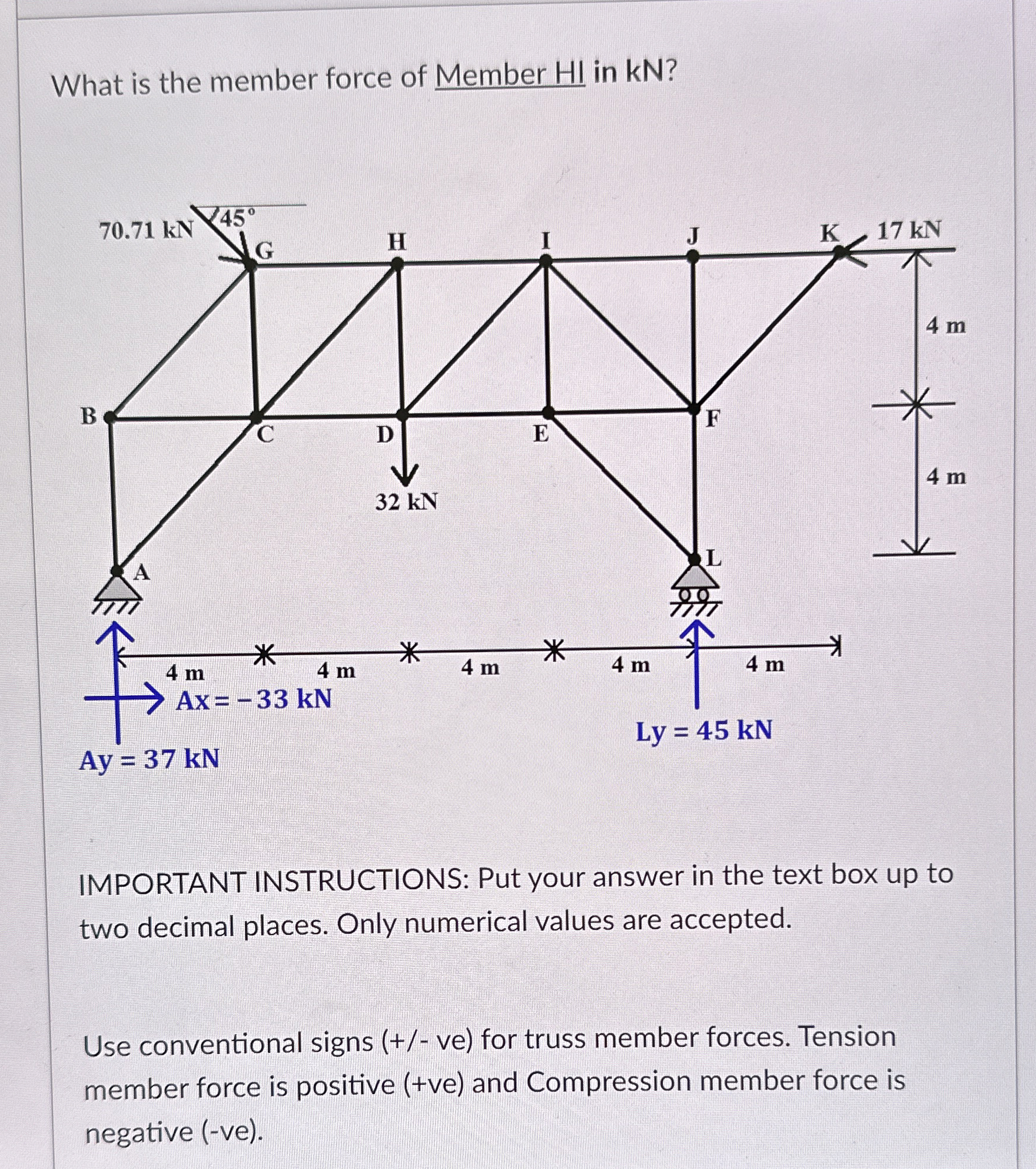 What is the member force of Member H I in k N ? A