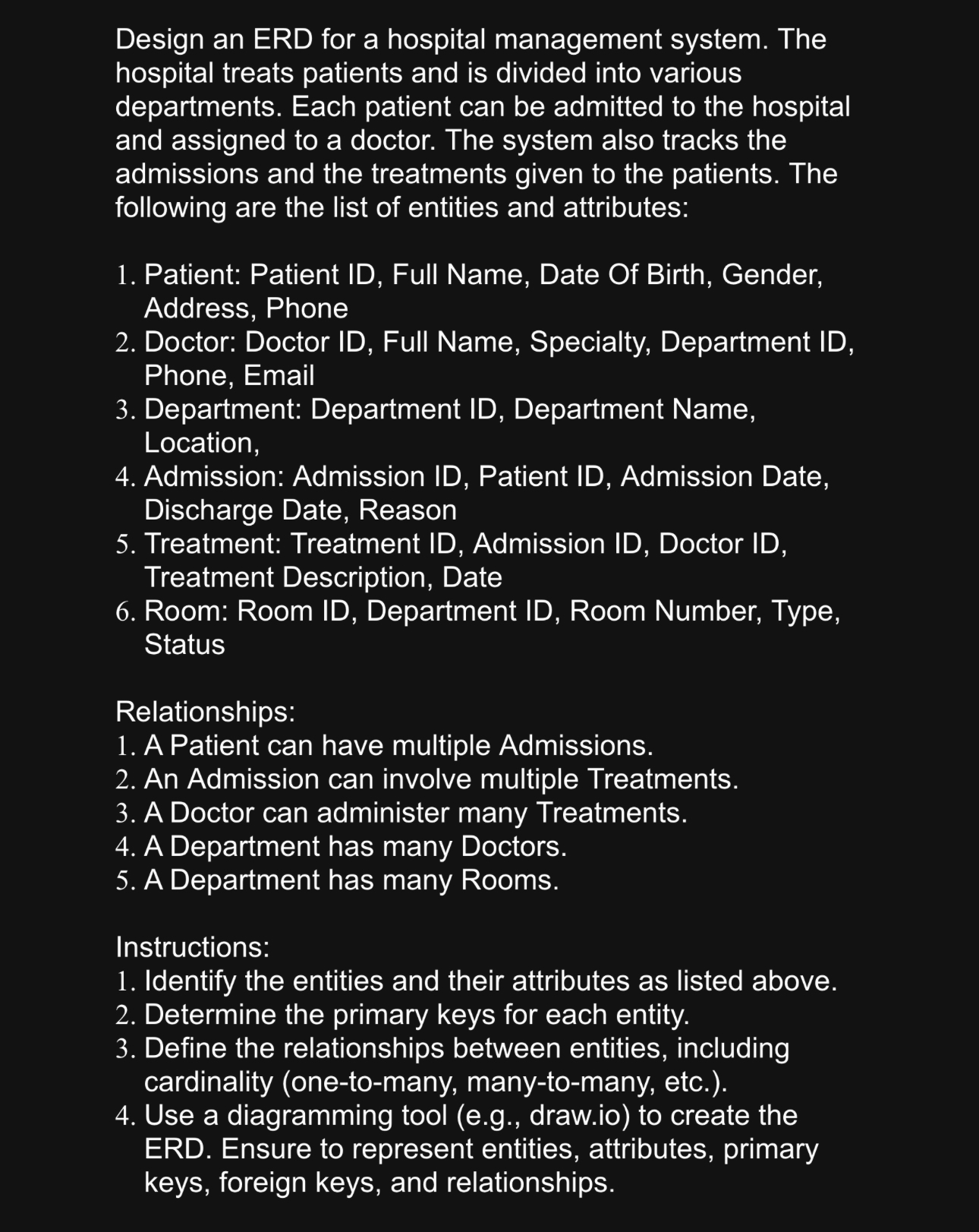 Design an ERD for a hospital management system.