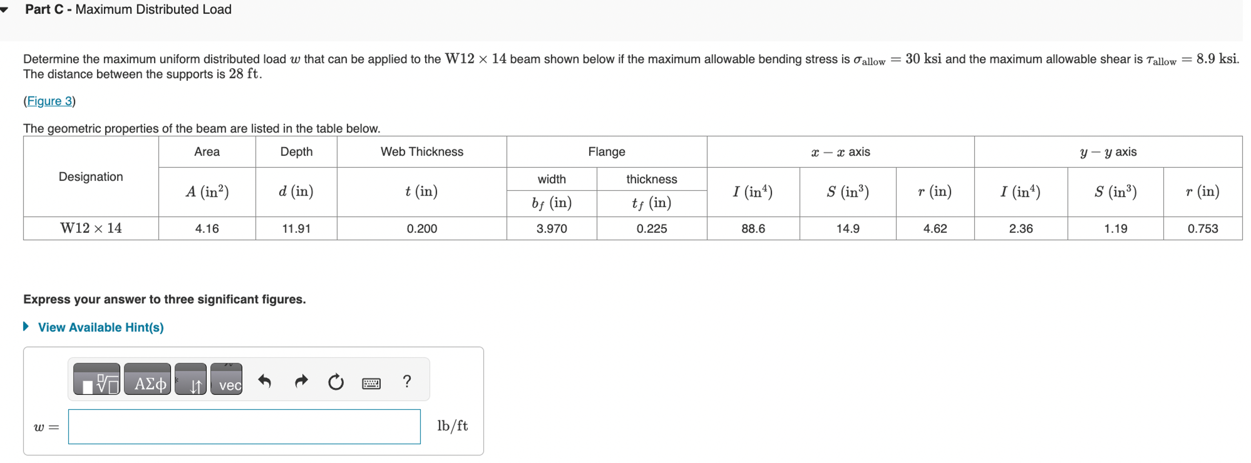 Determine the maximum uniform distributed load w