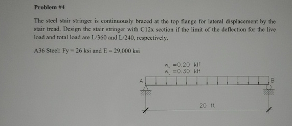Problem # 4 The steel stair stringer is