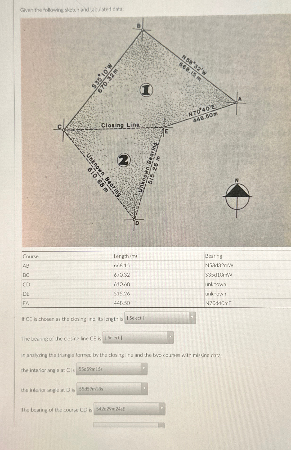 Given the following sketch and tabulated data: \