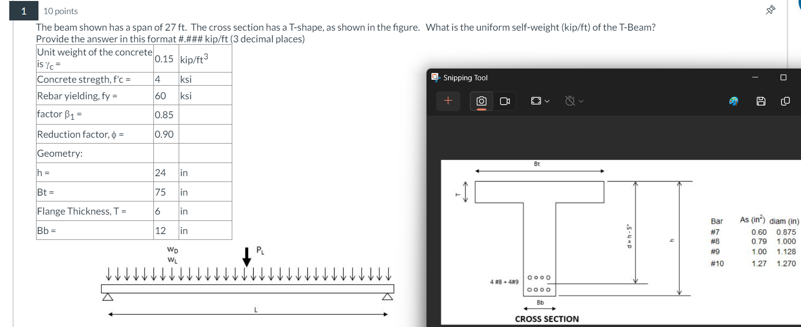 The beam shown has a span of 2 7 f t . The cross