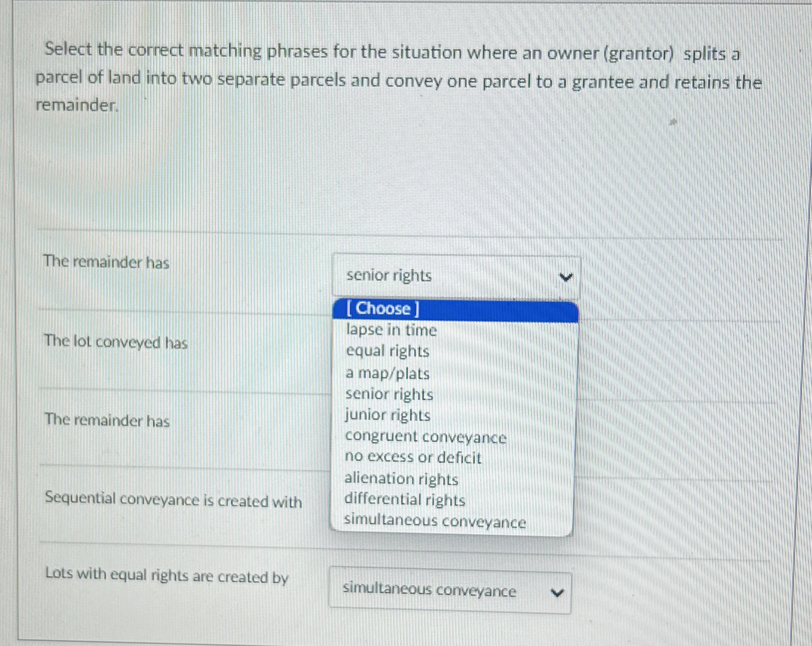 Select the correct matching phrases for the
