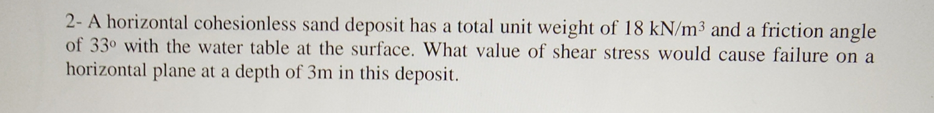 2 - A horizontal cohesionless sand deposit has a
