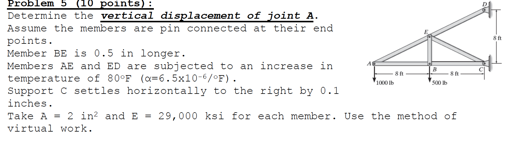 Determine the vertical displacement of joint } A