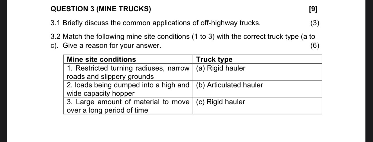 QUESTION 3 ( MINE TRUCKS ) [ 9 ] 3 . 1 Briefly