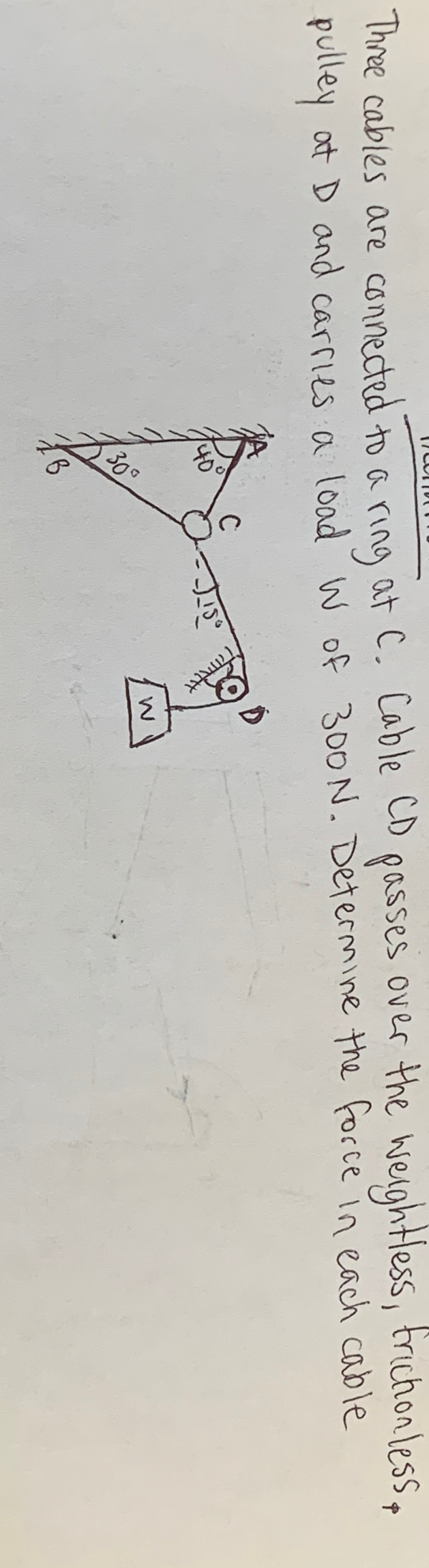 Three cables are connected to a ring at C . Cable