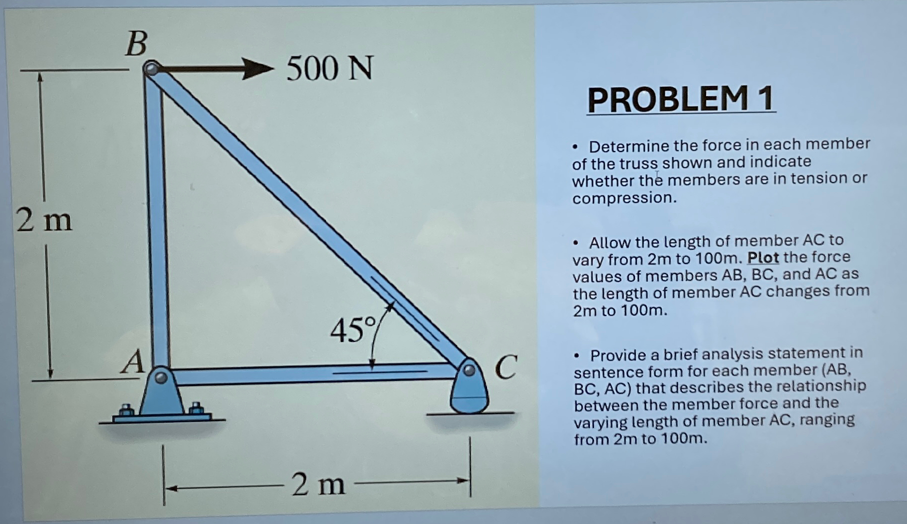 PROBLEM 1 Determine the force in each member of