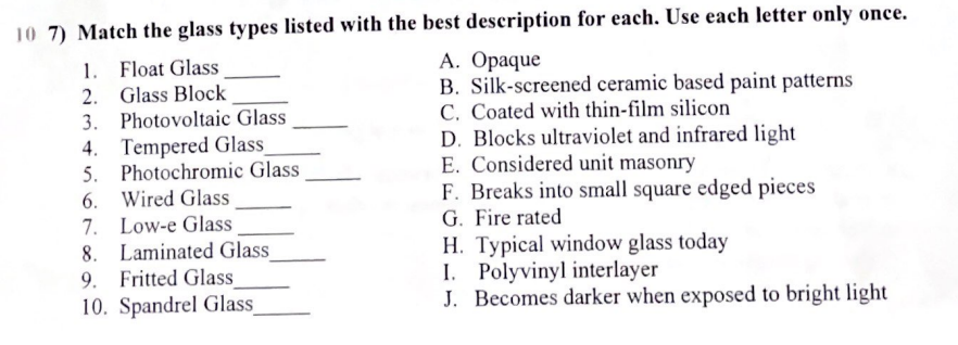 1 0 7 ) Match the glass types listed with the