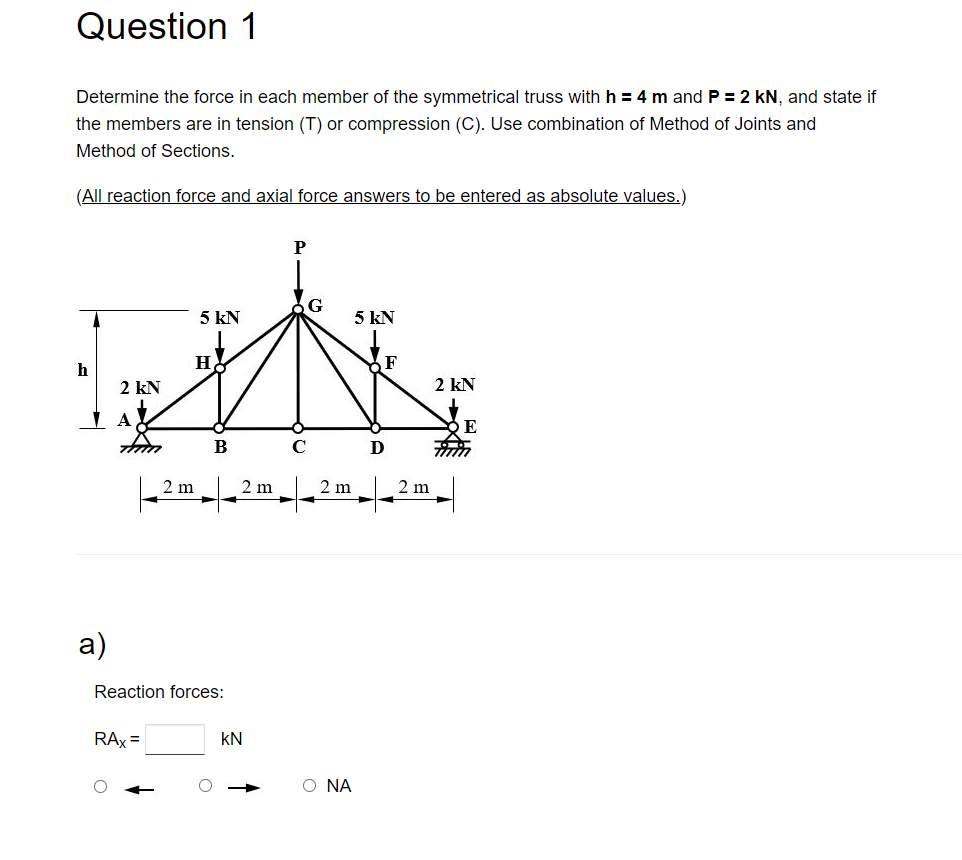Question 1 Determine the force in each member of