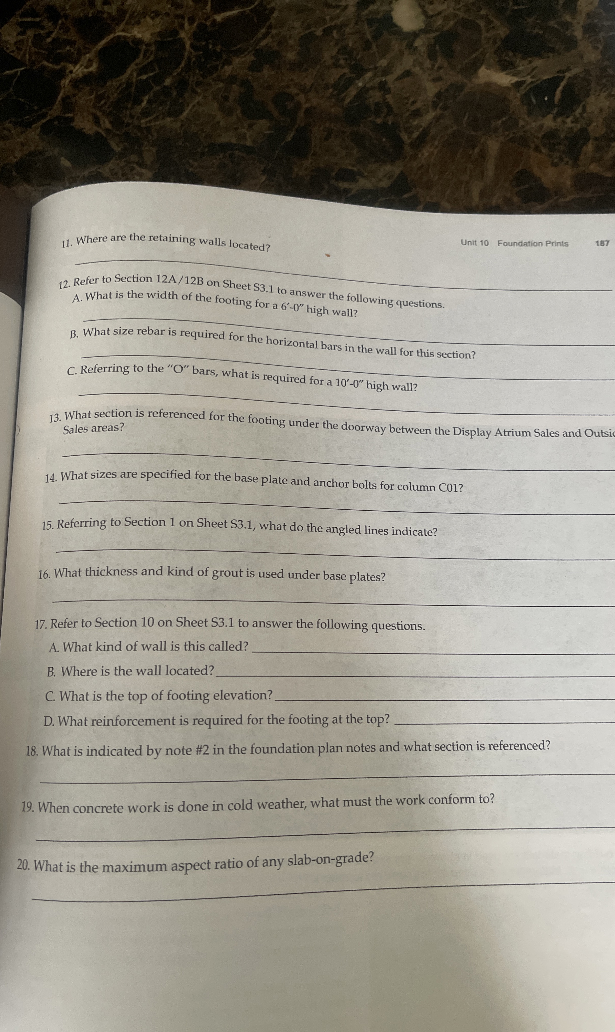Where are the retaining walls located? Unit 1 0