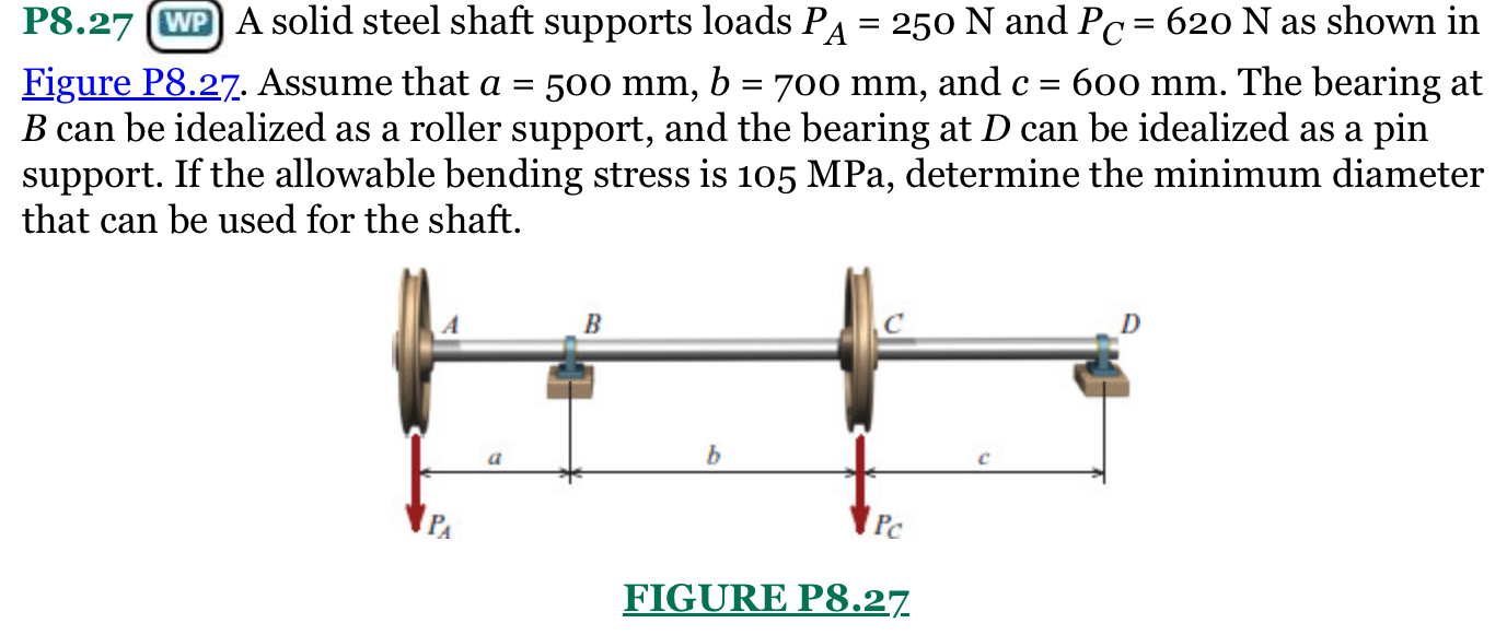 P 8 . 2 7 A solid steel shaft supports loads P A