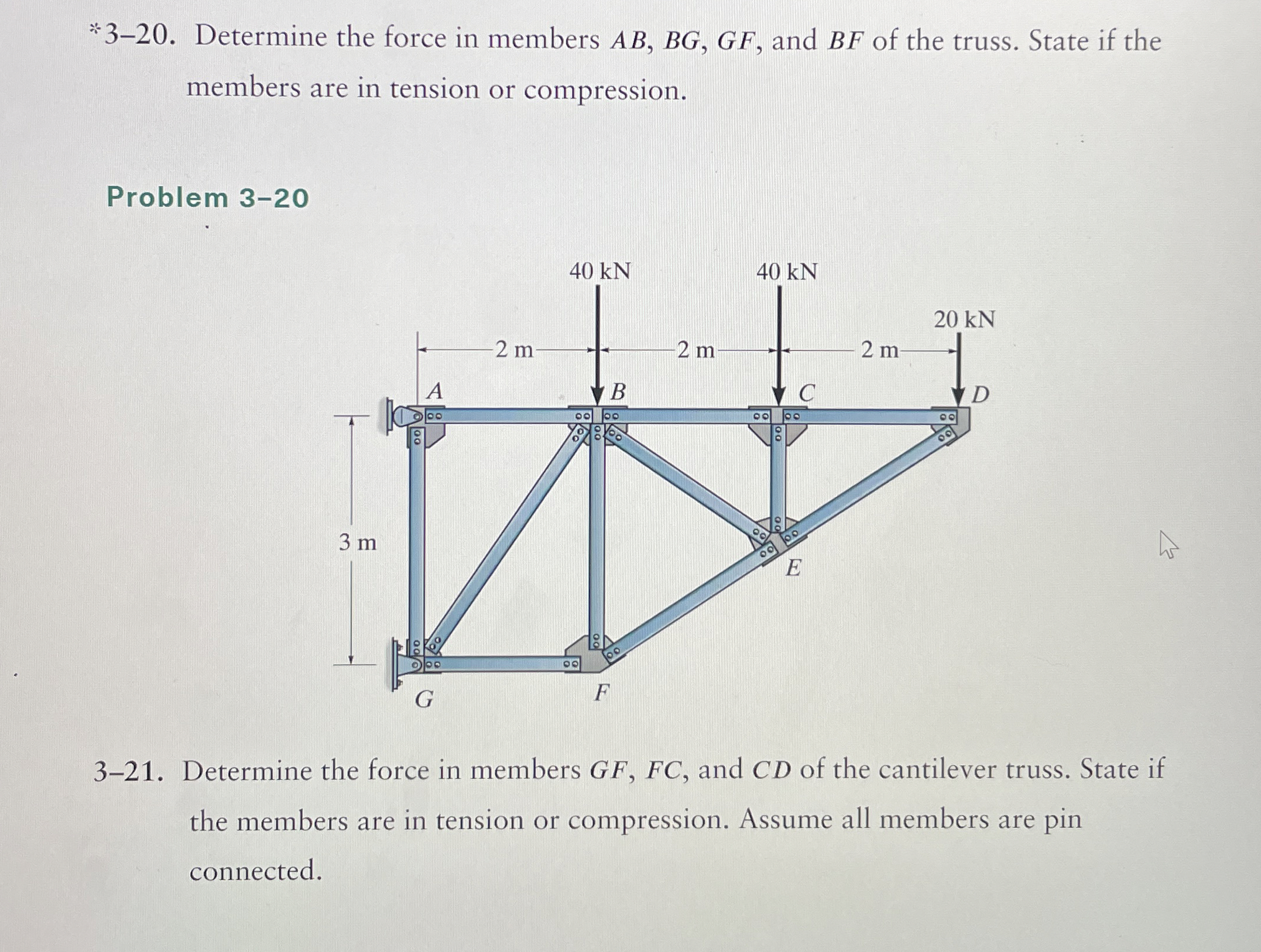* 3 - 2 0 . Determine the force in members A B ,