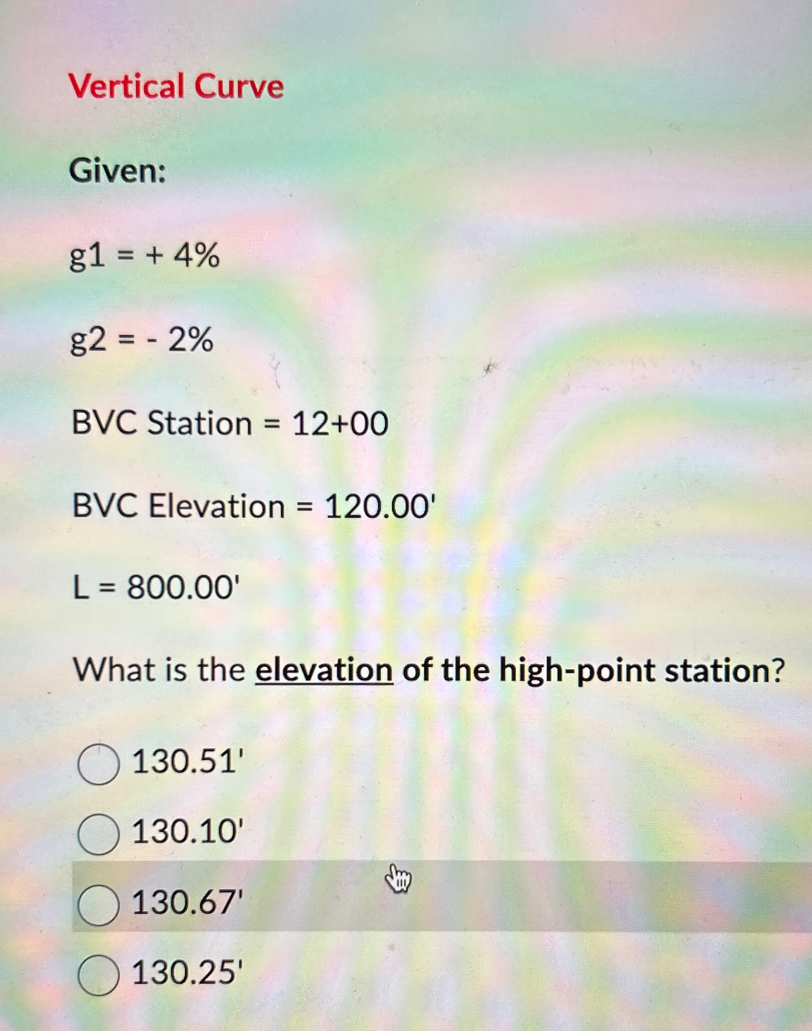 Vertical Curve Given: g 1 = + 4 % g 2 = - 2 % BVC
