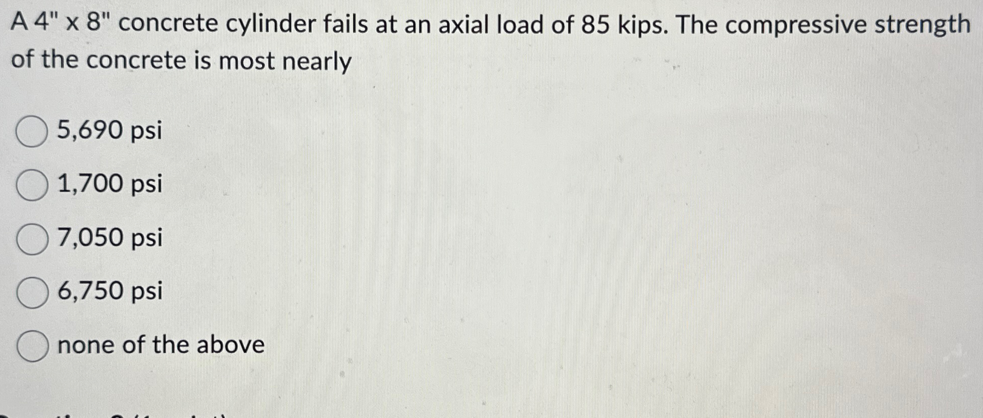 A 4 " 8 " concrete cylinder fails at an axial
