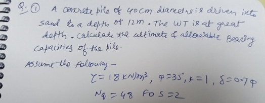 Q . ( 1 ) A concrete pile of 4 0 c m diametre is