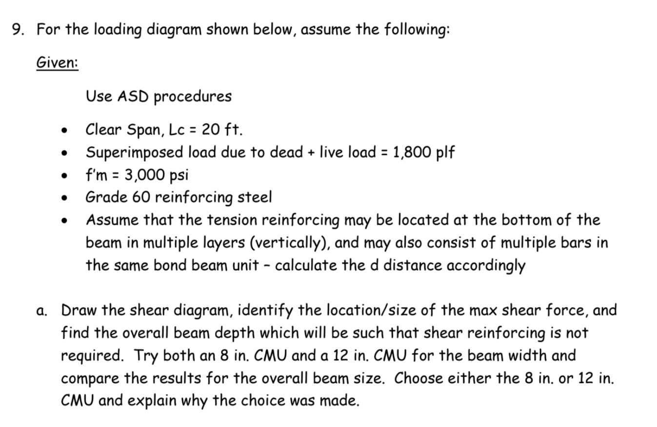 For the loading diagram shown below, assume the