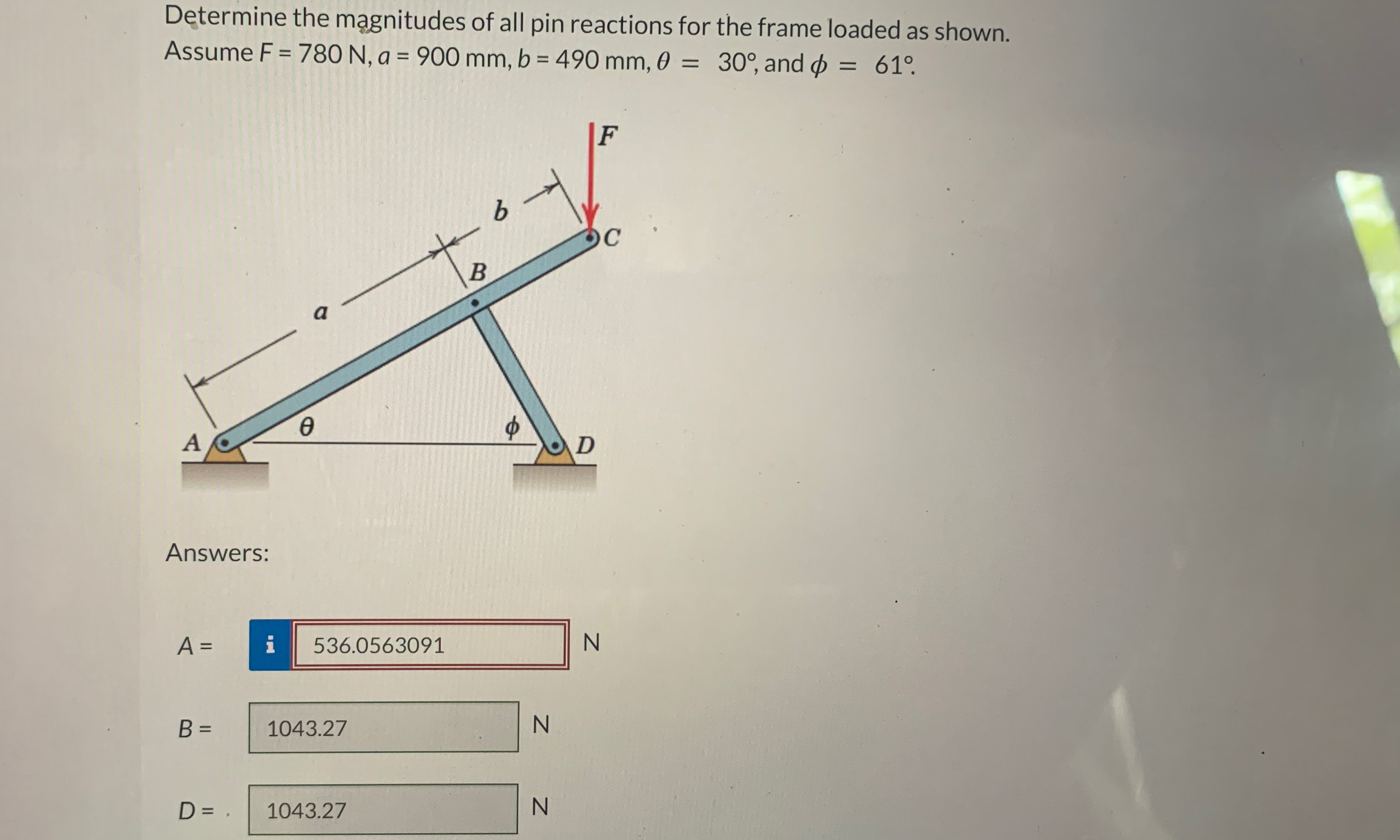 Determine the magnitudes of all pin reactions for