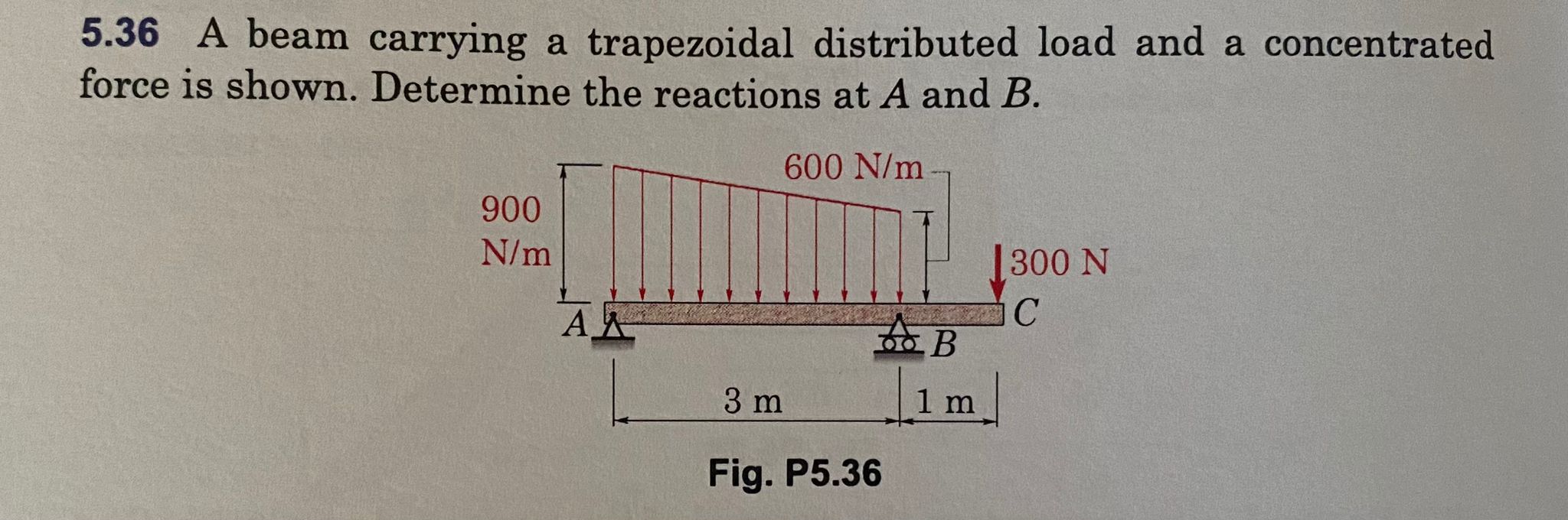 5 . 3 6 A beam carrying a trapezoidal distributed