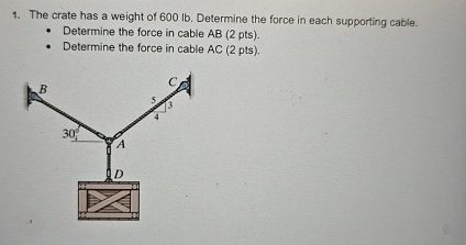 The crate has a weight of 6 0 0 lb . Determine