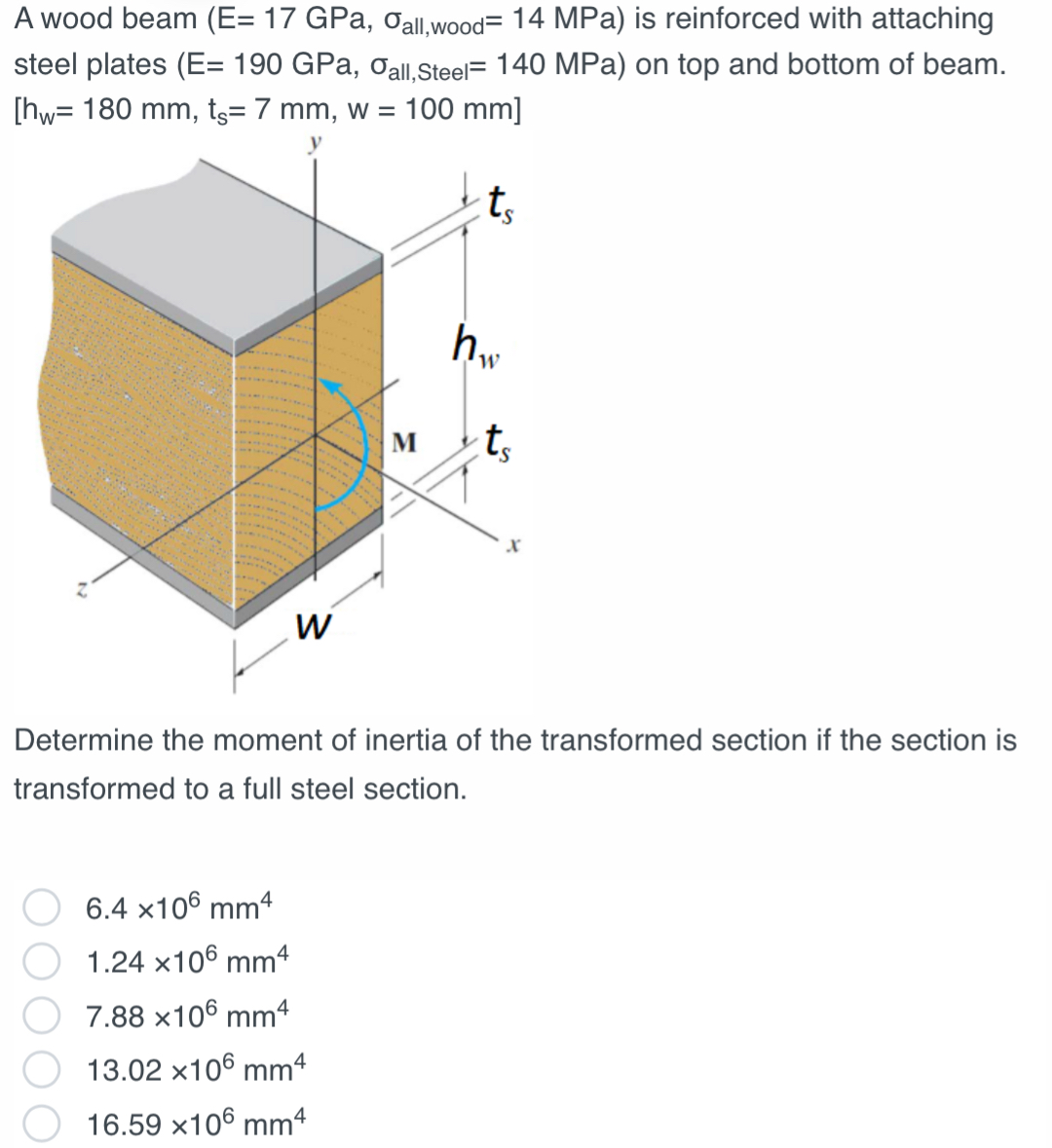 A wood beam ( E = 1 7 GPa, a l l , w o o d = 1 4
