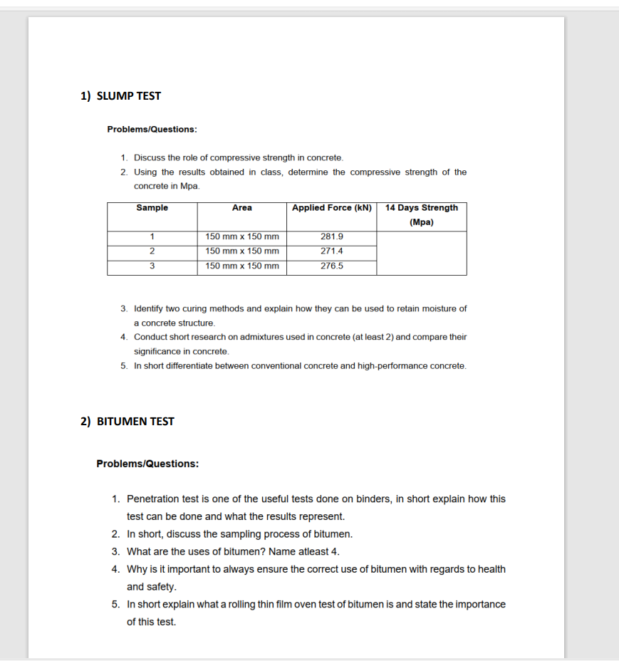 SLUMP TEST Problems / Questions: Discuss the role