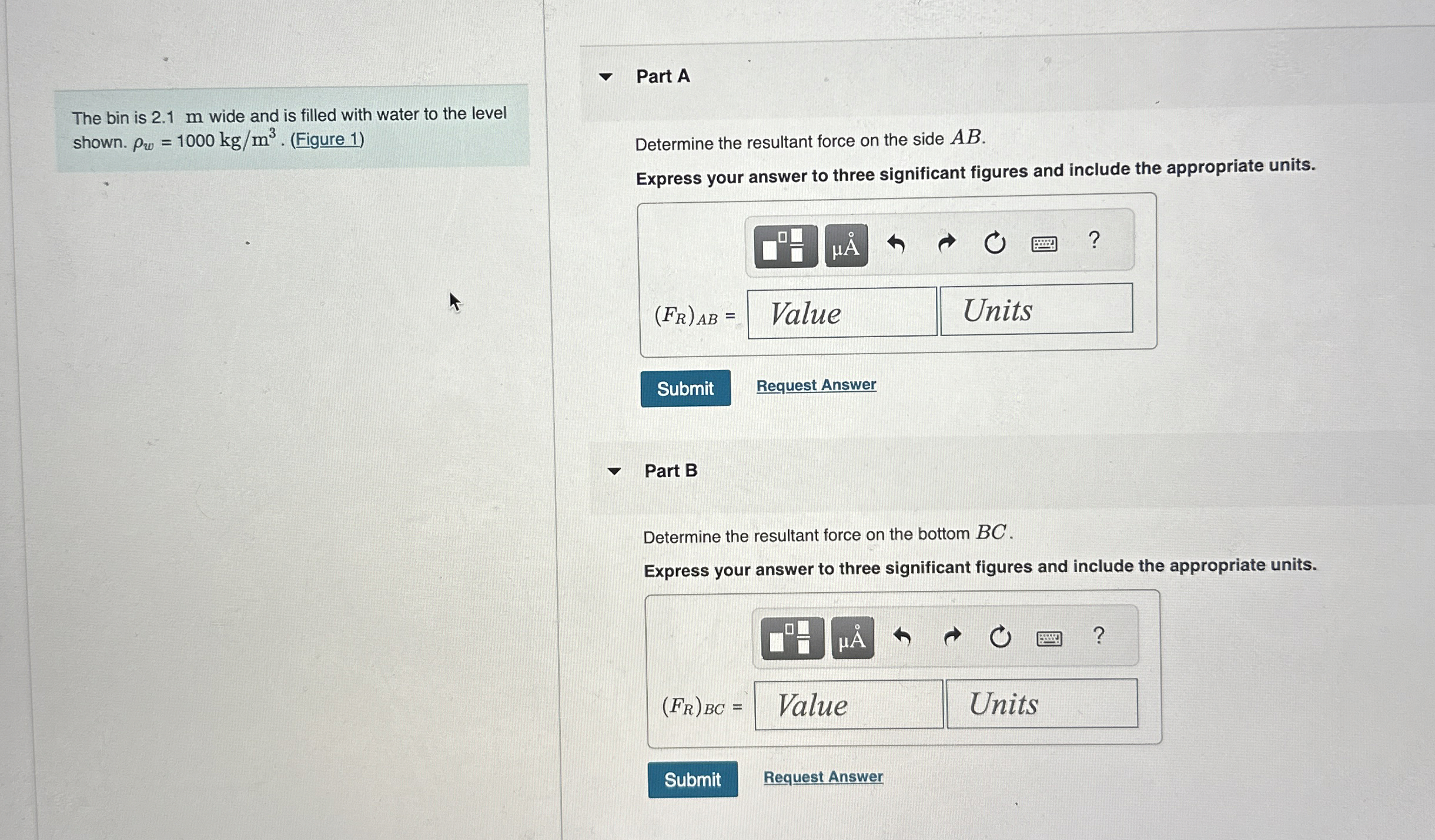 The bin is 2 . 1 m wide and is filled with water