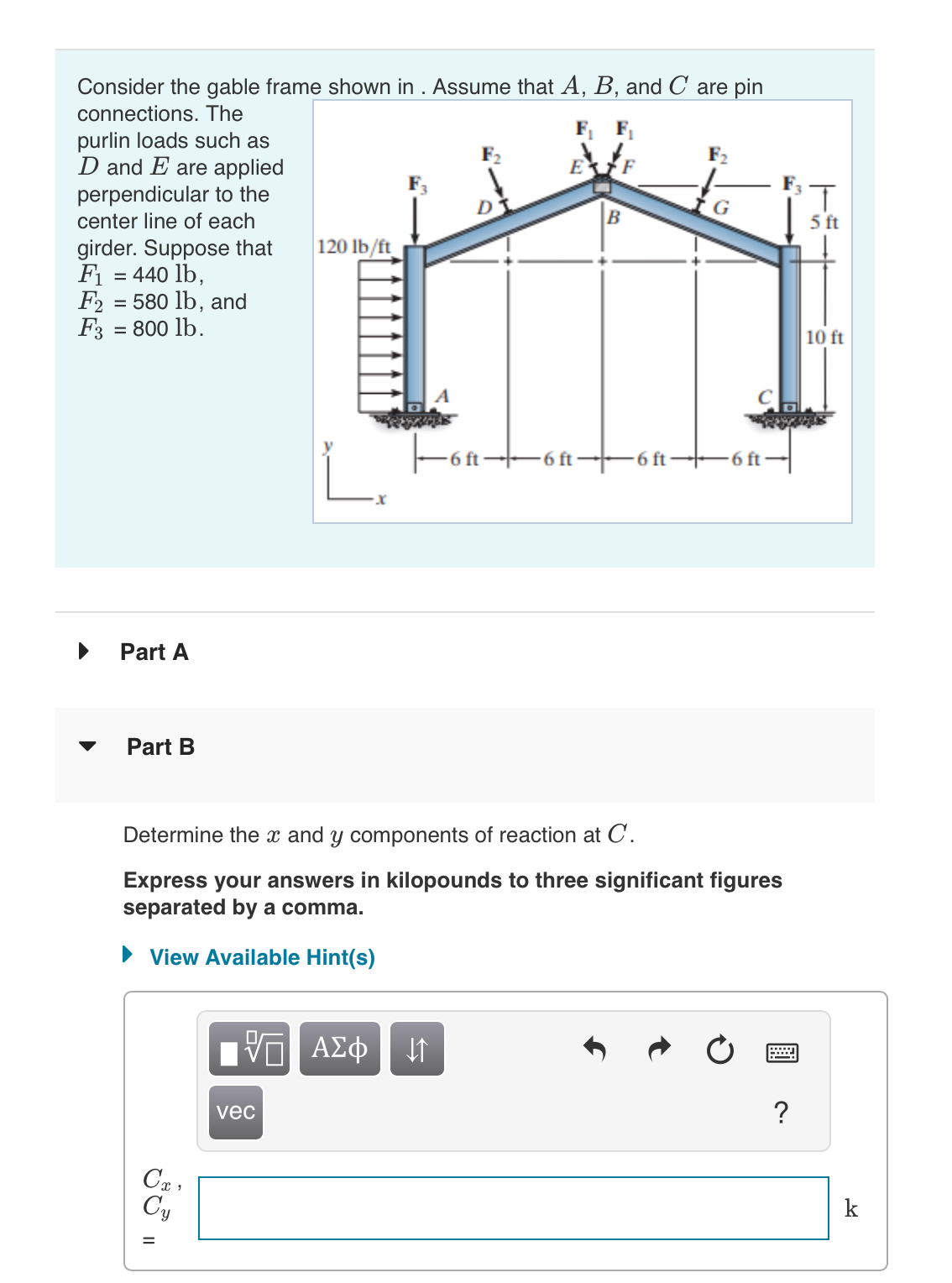 Determine the x and y components of reaction at C
