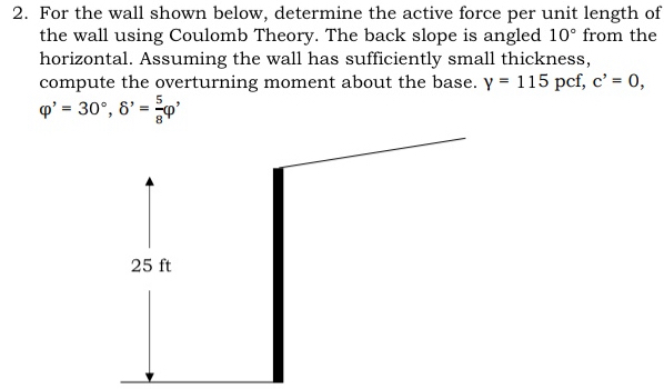 For the wall shown below, determine the active