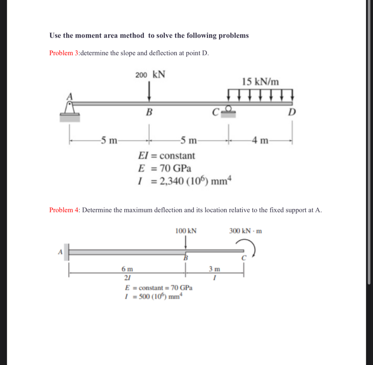 Use the moment area method to solve the following