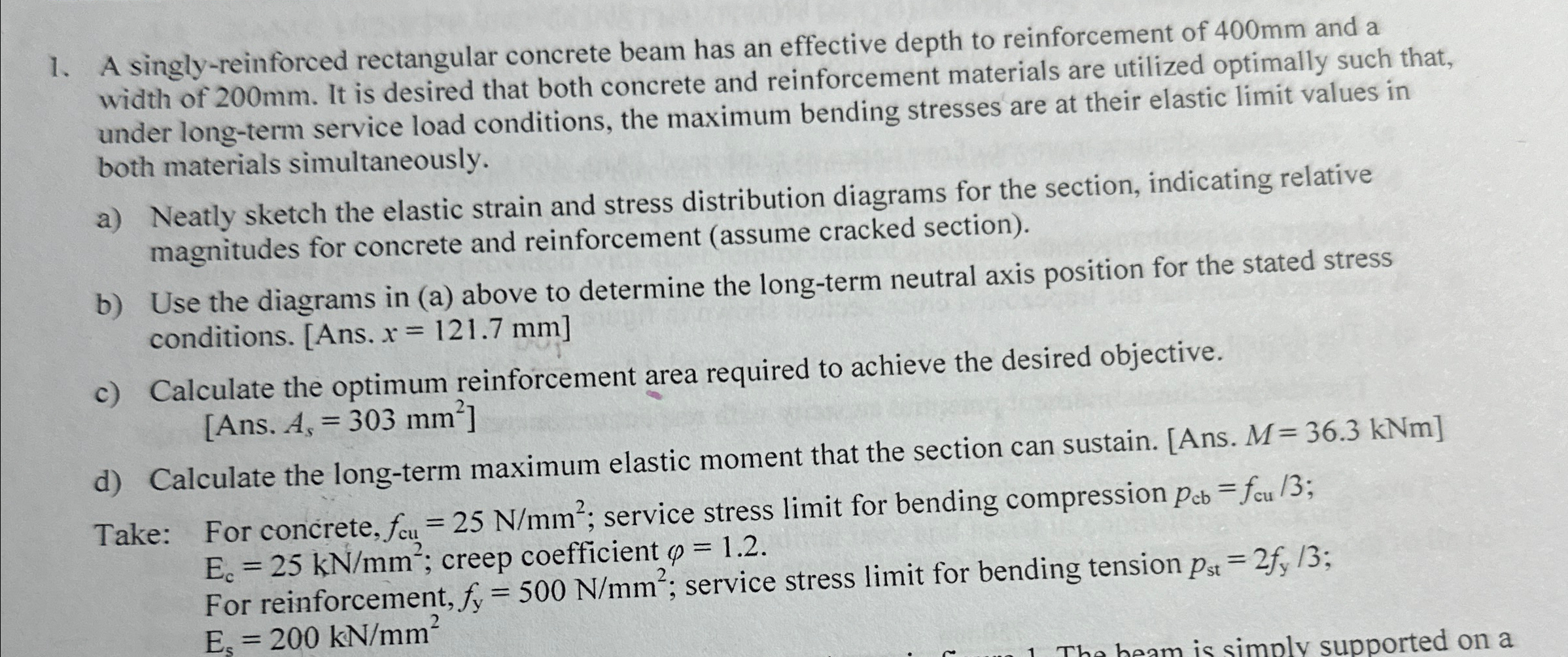 A singly - reinforced rectangular concrete beam