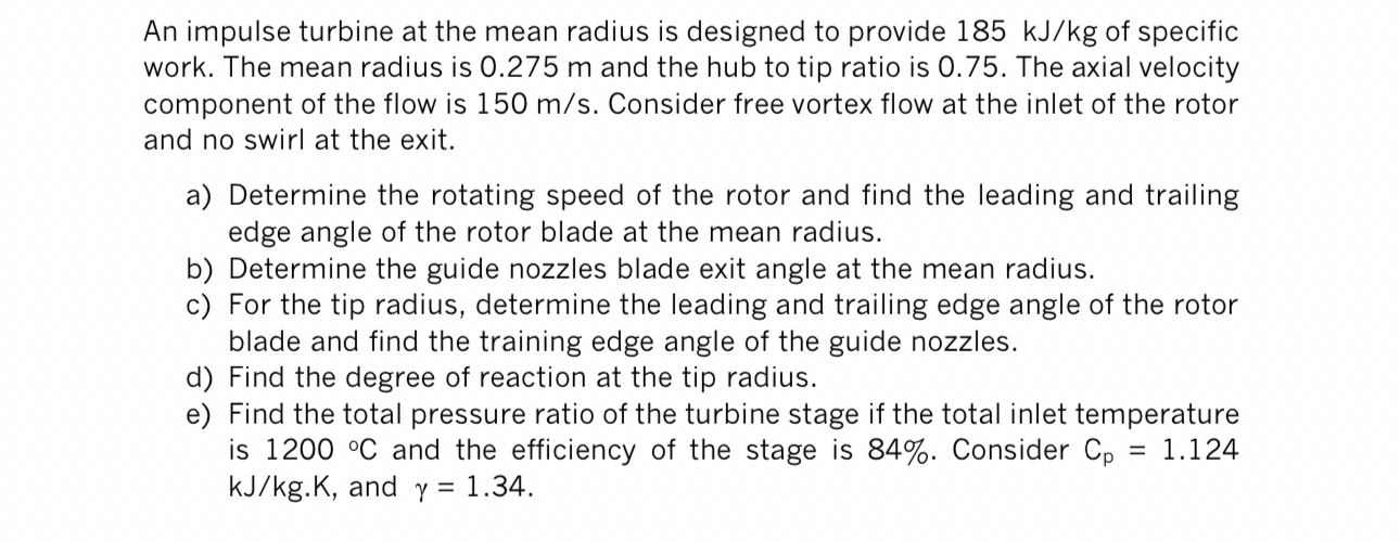 An impulse turbine at the mean radius is designed