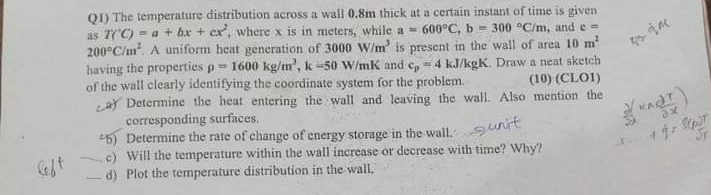 Q 1 ) The temperature distribution across a wall