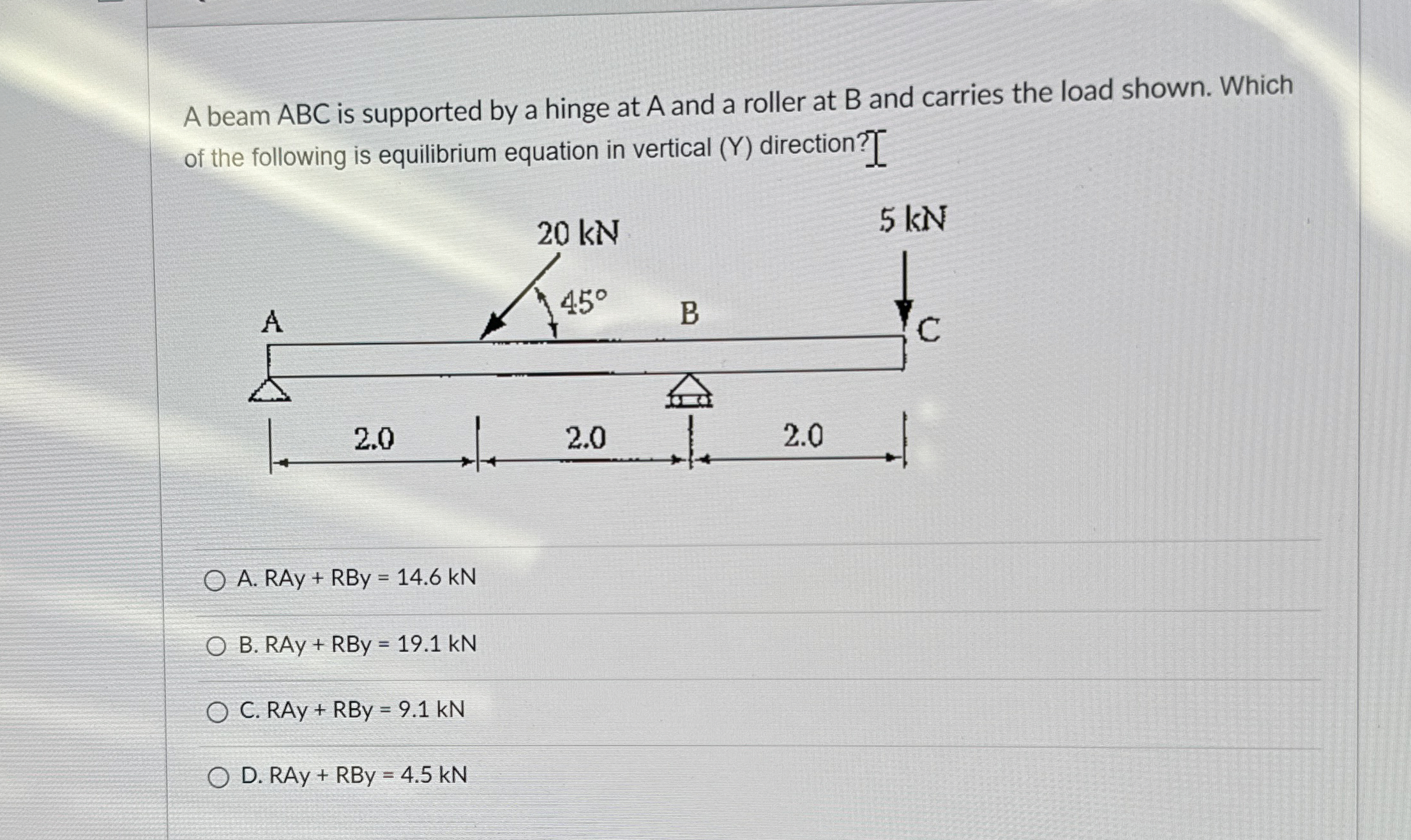 A beam ABC is supported by a hinge at A and a