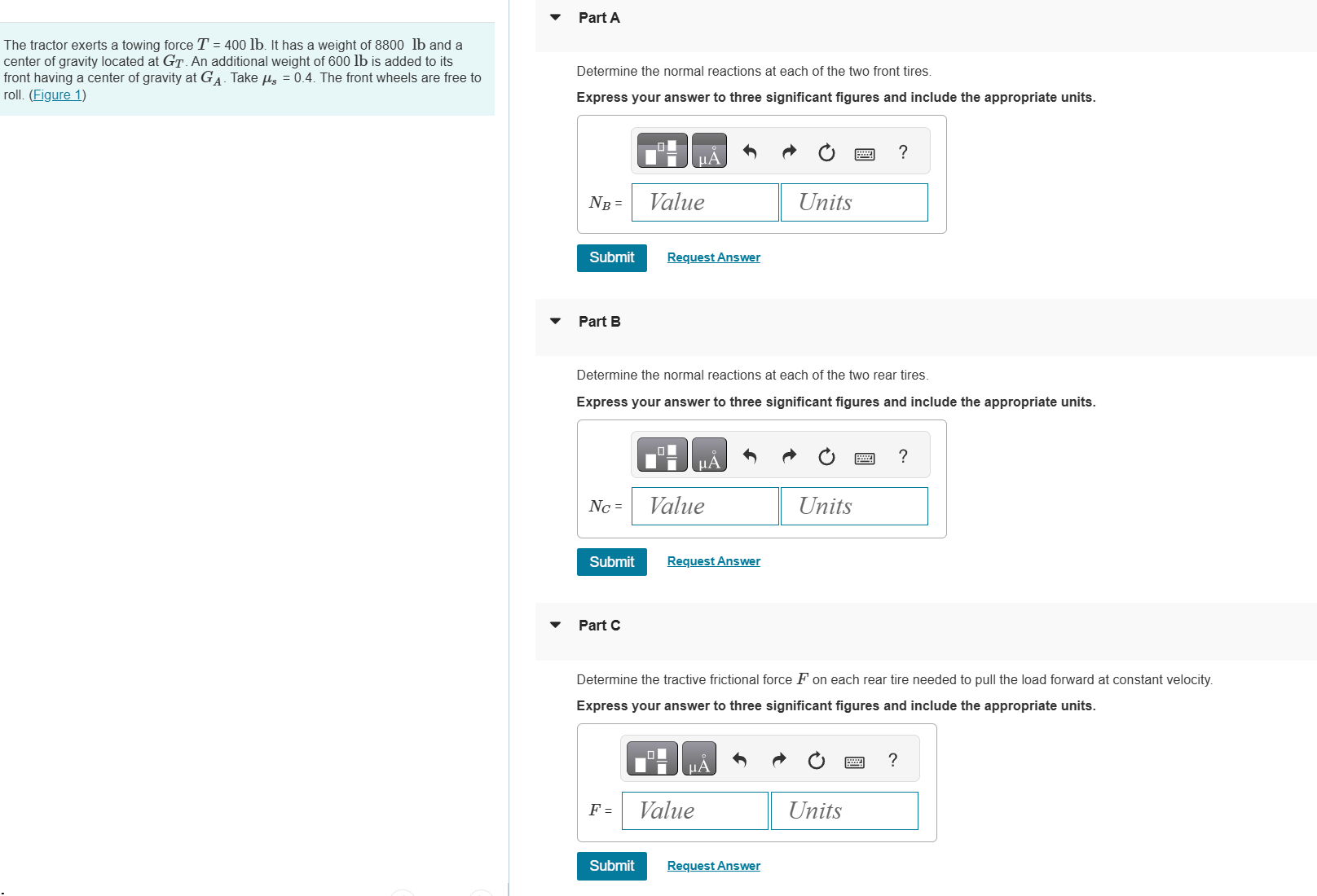 The tractor exerts a towing force T = 4 0 0 lb .