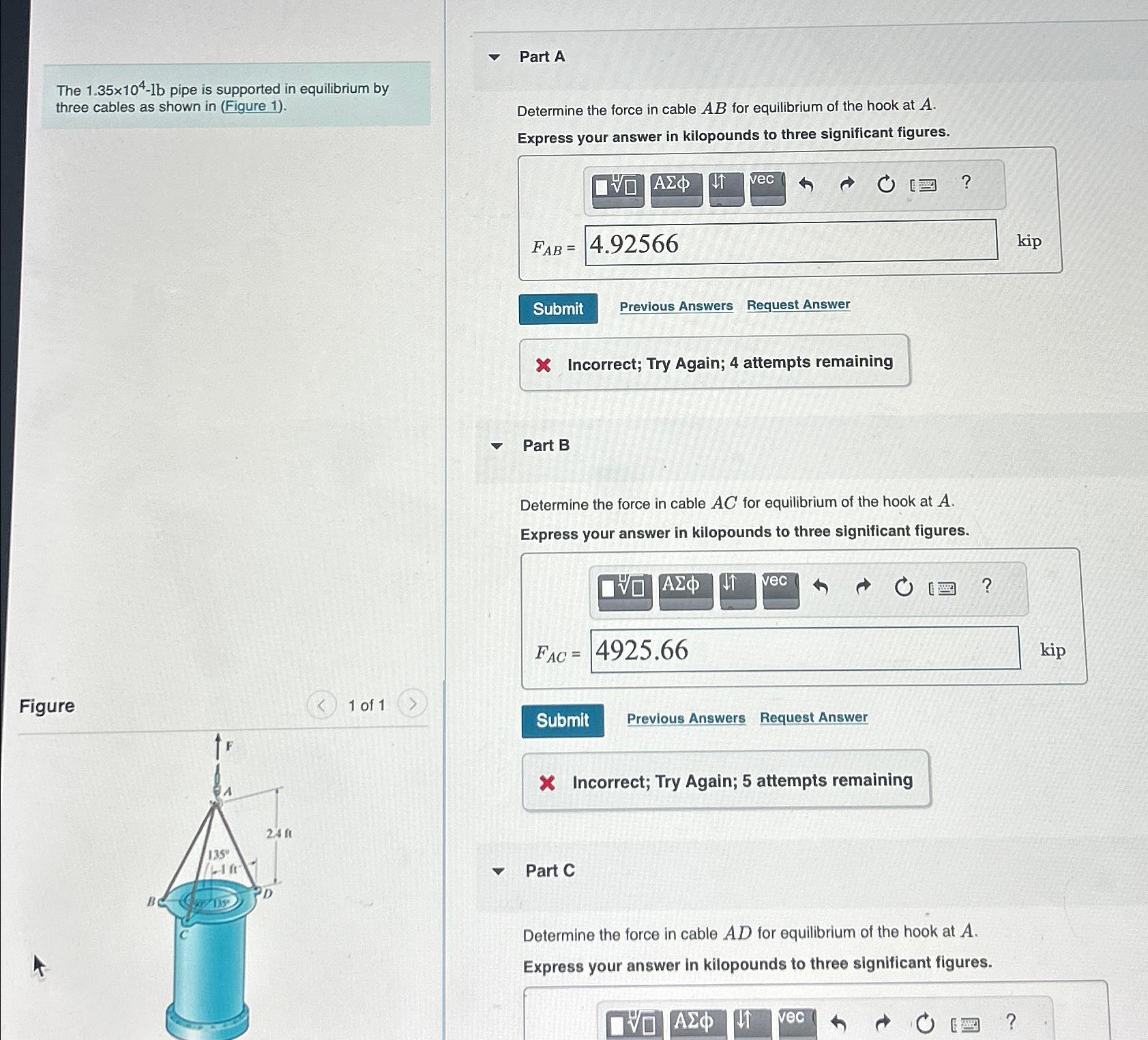 Part A The 1 . 3 5 1 0 4 - lb pipe is supported