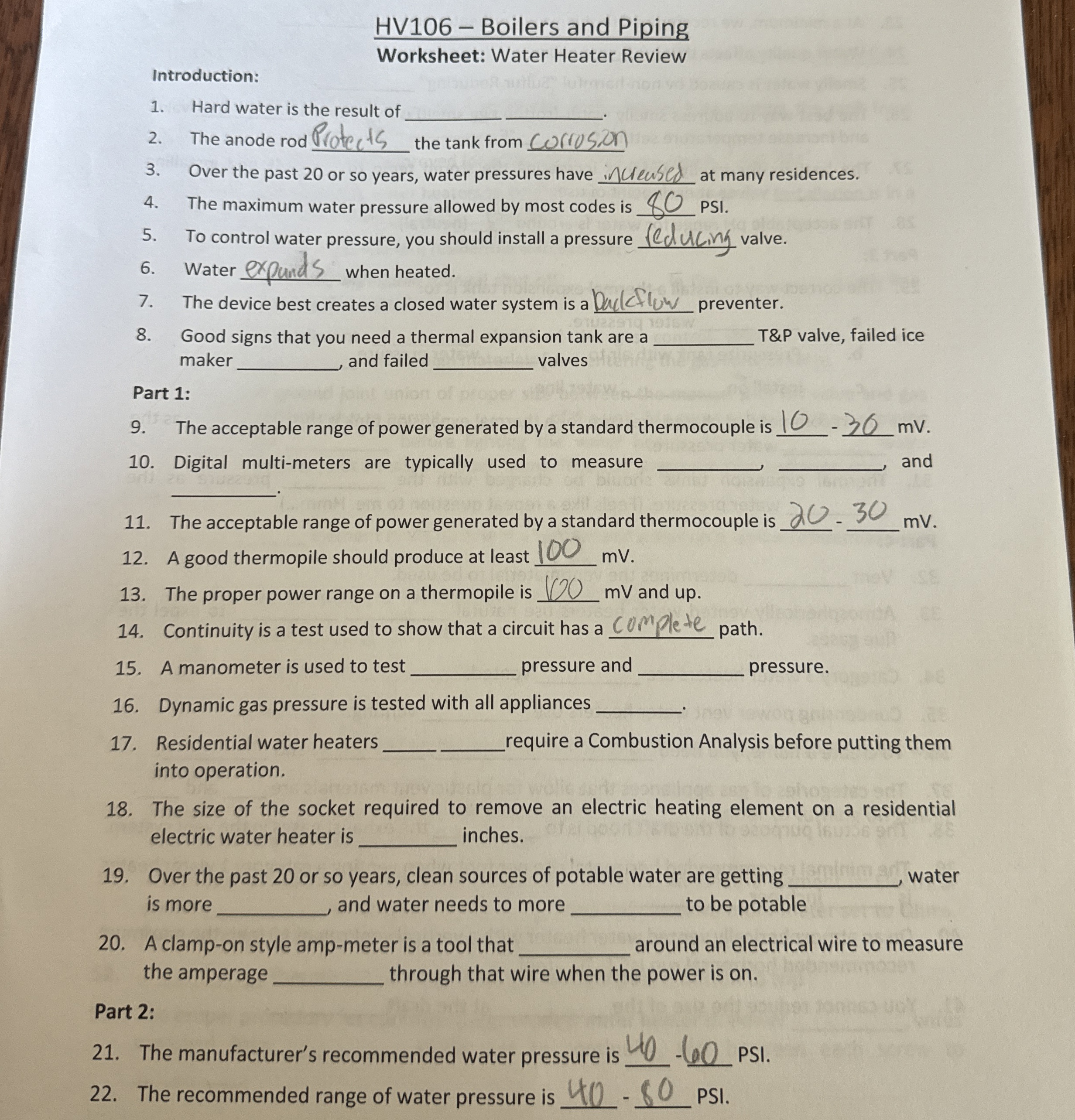 HV 1 0 6 - Boilers and Piping Worksheet: Water