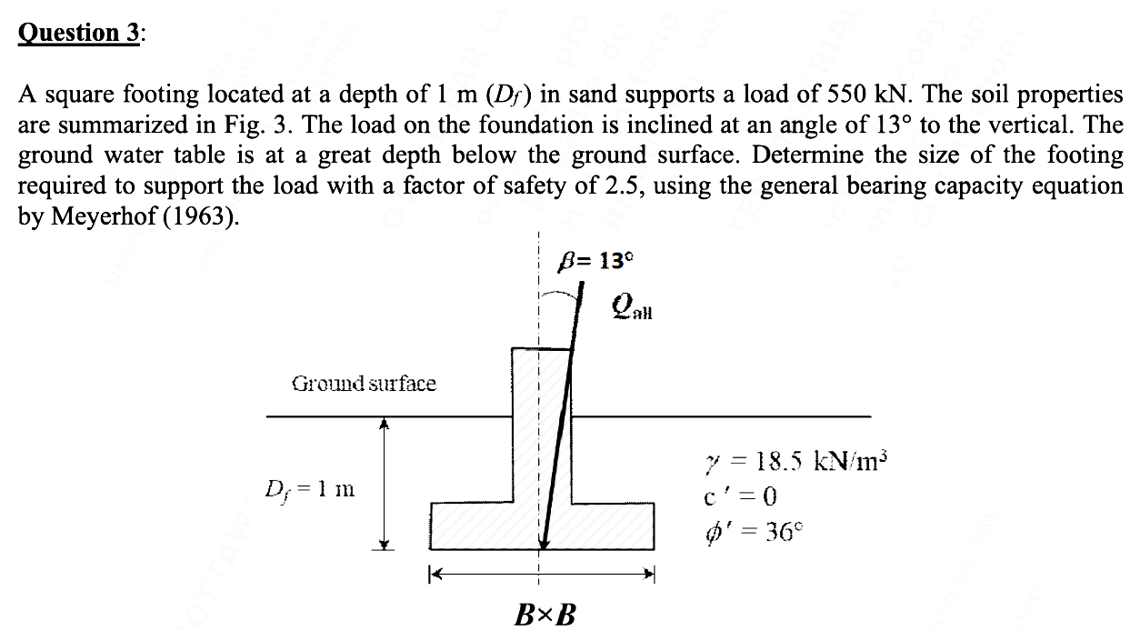 Question 3 : A square footing located at a depth