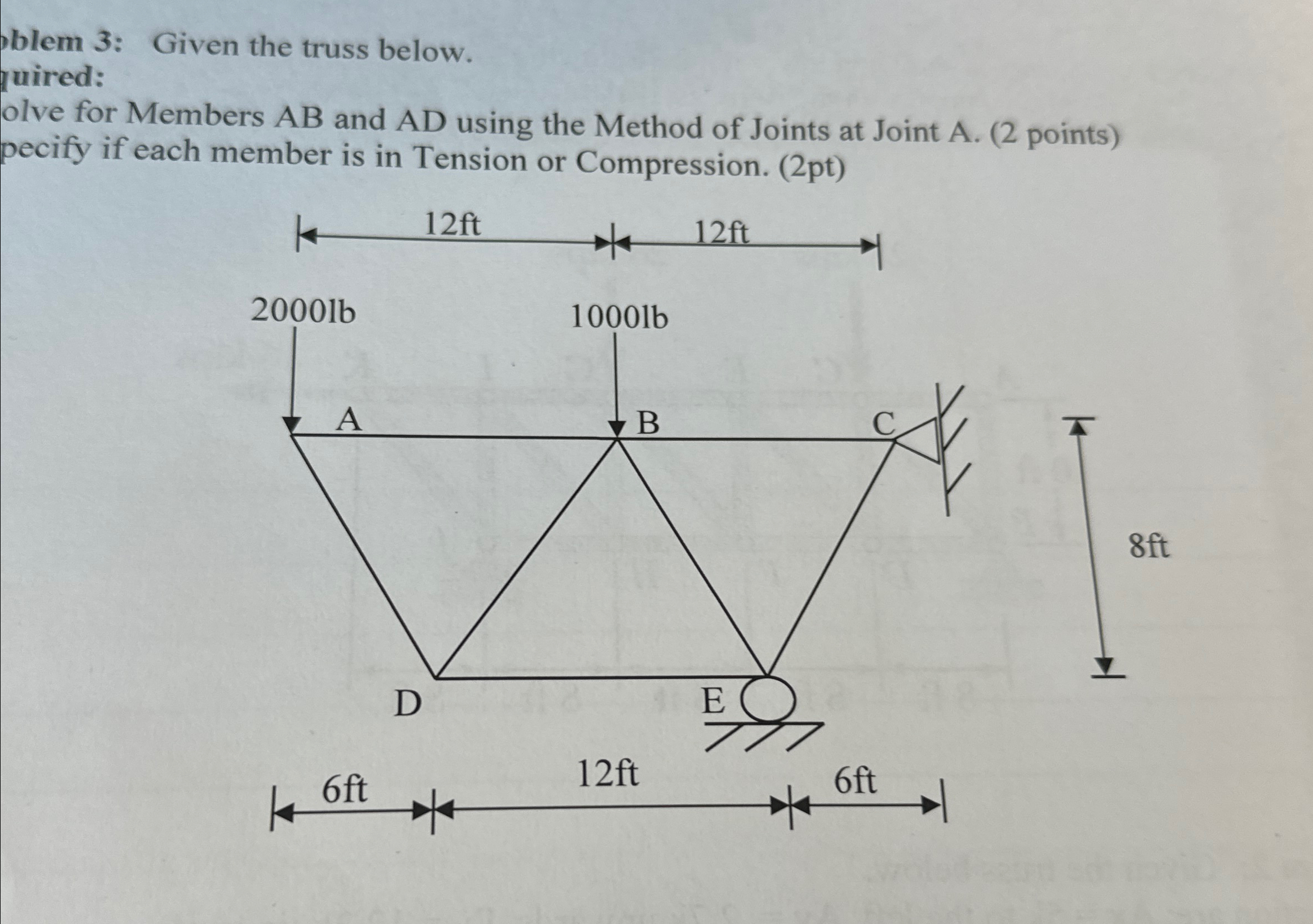 blem 3 : Given the truss below. uired: olve for